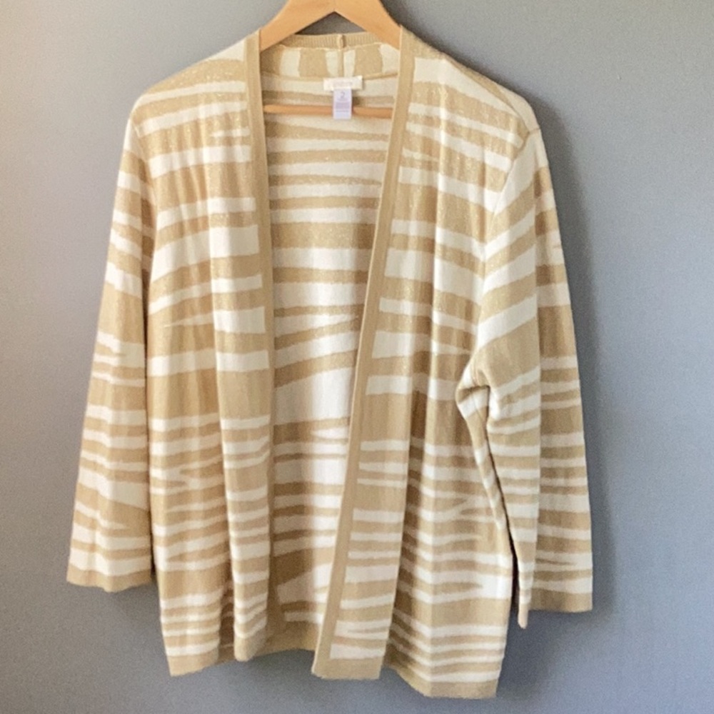 CHICO’S Cream and Gold Open Cardigan Size 2/Large